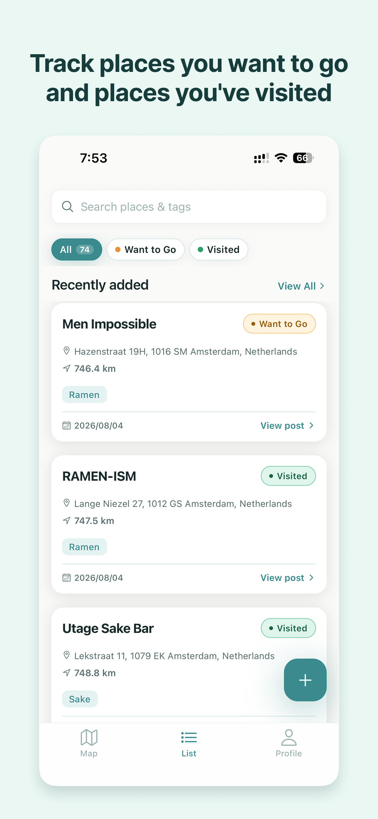 Mapgram list view showing saved places with want-to-go and visited statuses.