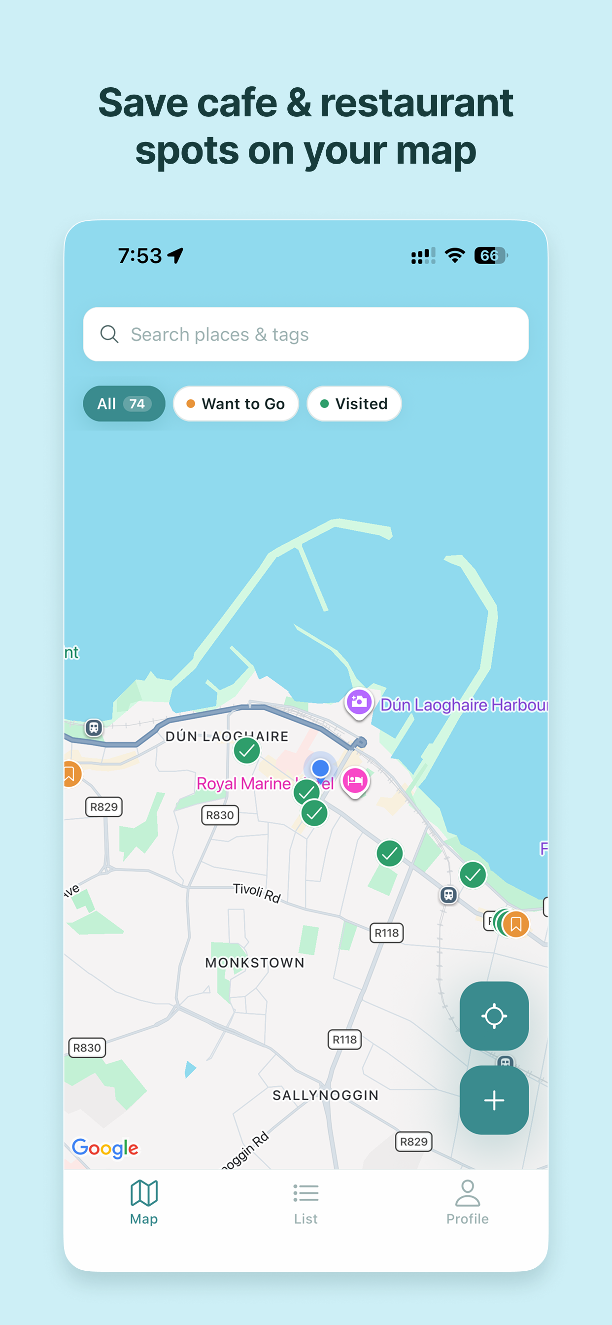 Mapgram map view showing saved and visited places as markers on a map.