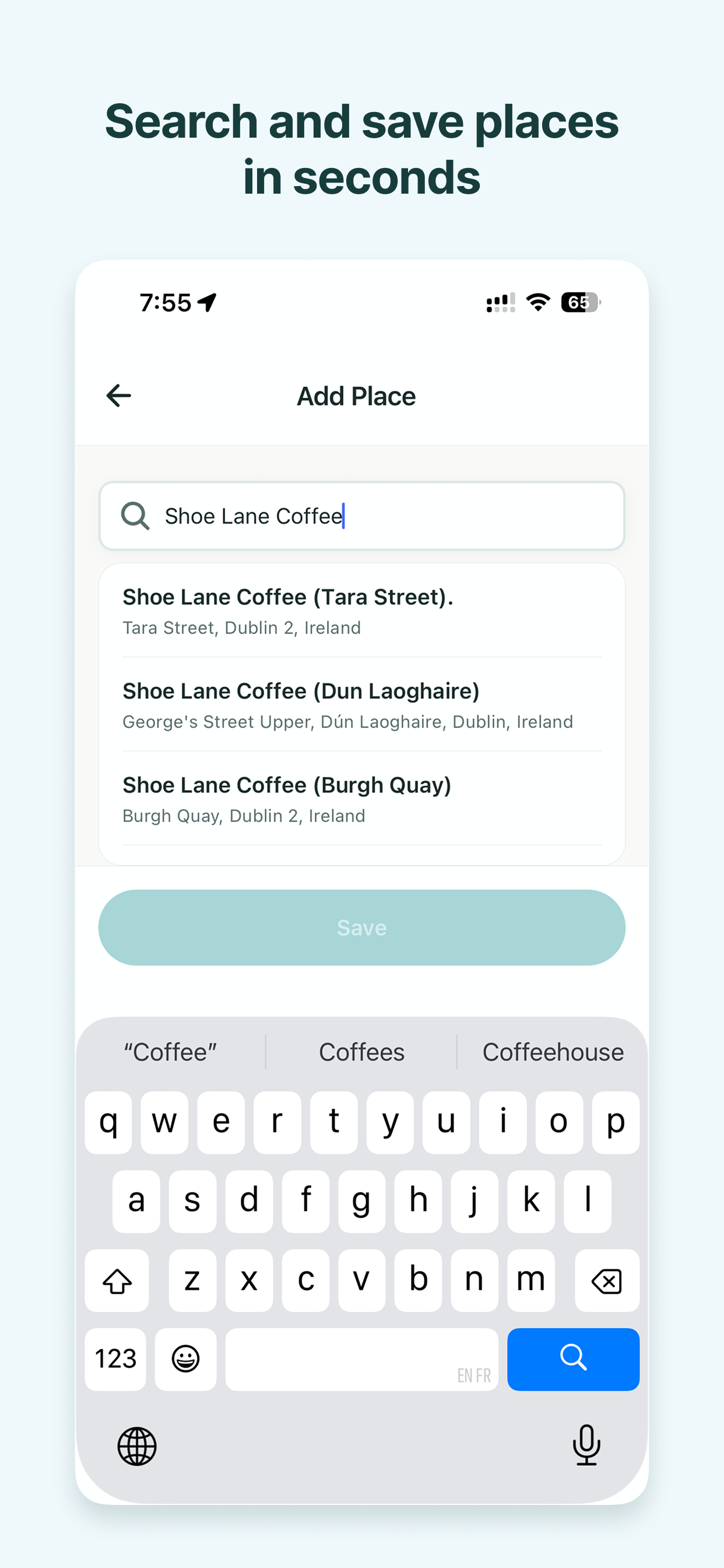 Mapgram Add Place screen showing a place search and matching results.